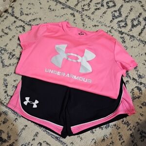 Under Armour Girls Pink T-Shirt and Black Shorts Set